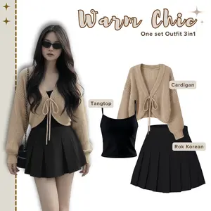 One Set Korea Style Wanita Kekinian ( Cardigan + Tanktop + Rok Pendek ) Setelan Outfit Remaja AMO82