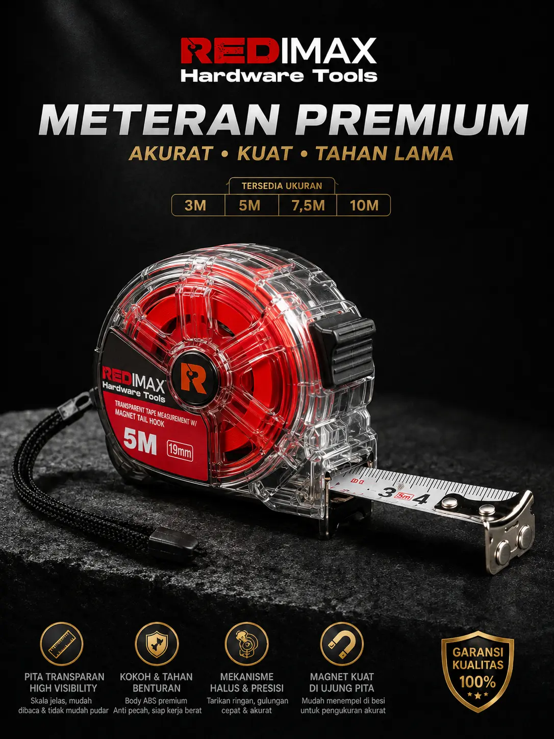 [PREMIUM] METERAN ROLL VARIASI 3M, 5M, 7.5M DAN 10 M BRAND REDIMAX COD DITEMPAT