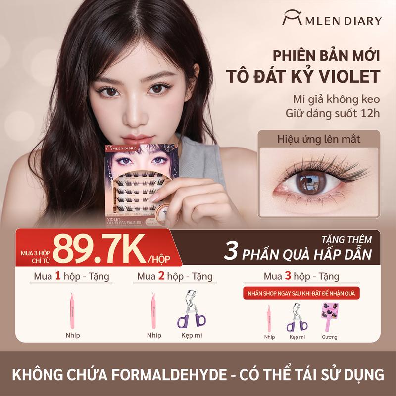 Mlen Diary - Mi Sẵn Keo VIOLET, Mi Tự Dính, Mi Giả, Mi Sẵn Keo Pha Lê Đen, Dán Nhanh, Tiện Lợi, Mềm Mại, Mi Cụm Dễ Dùng, Tự Nhiên, Sợi Mi Mảnh, Có Thể Sử Dụng Được Nhiều Lần