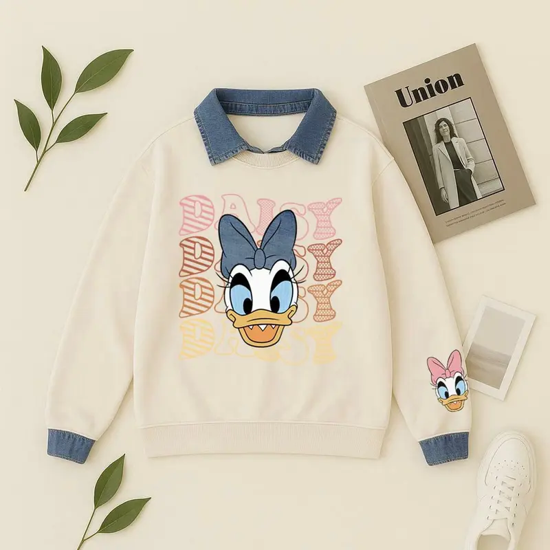 Sweater Kerah Motif Desi Kombinasi Denim Babyterry Import Cute Korean Style Oversize Sweatshirt Kemeja Fit Panjang Mikei Bordir Wanita Atasan Crewneck Krem 0