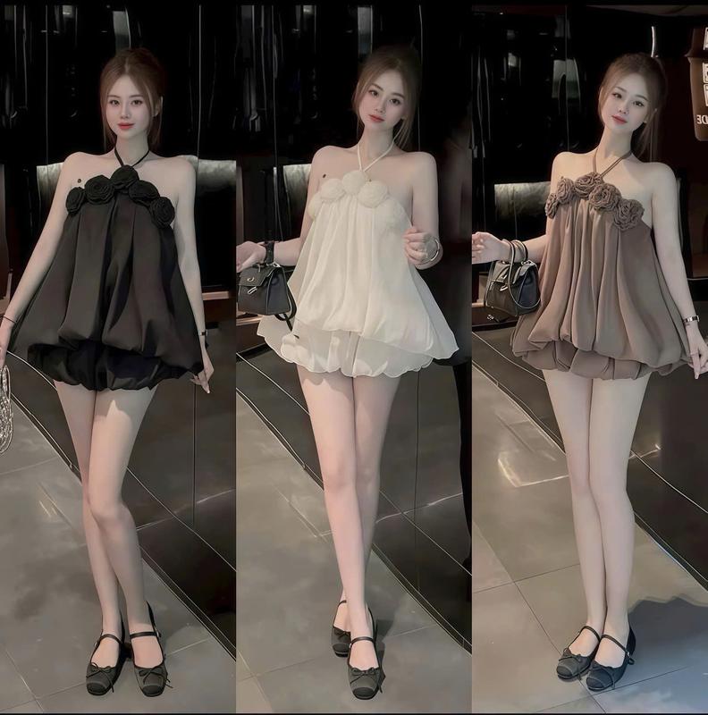  Set đồ nữ áo cổ yếm cột dây đính bông tùng bí phối chân váy bí sang chảnh xinh xắn đáng yêu phù hợp cho các nàng diện đi tiệc đi chơi 