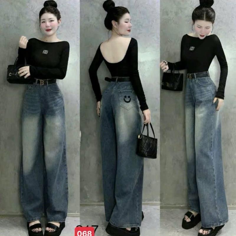 Quần Jean Suông Trơn Thêu Mặt Cười Vải Mềm Hack Dáng, Quần Baggy Jean Nữ Ống Rộng mẫu mới thời trang Anh Thư Boutique19 - BG068