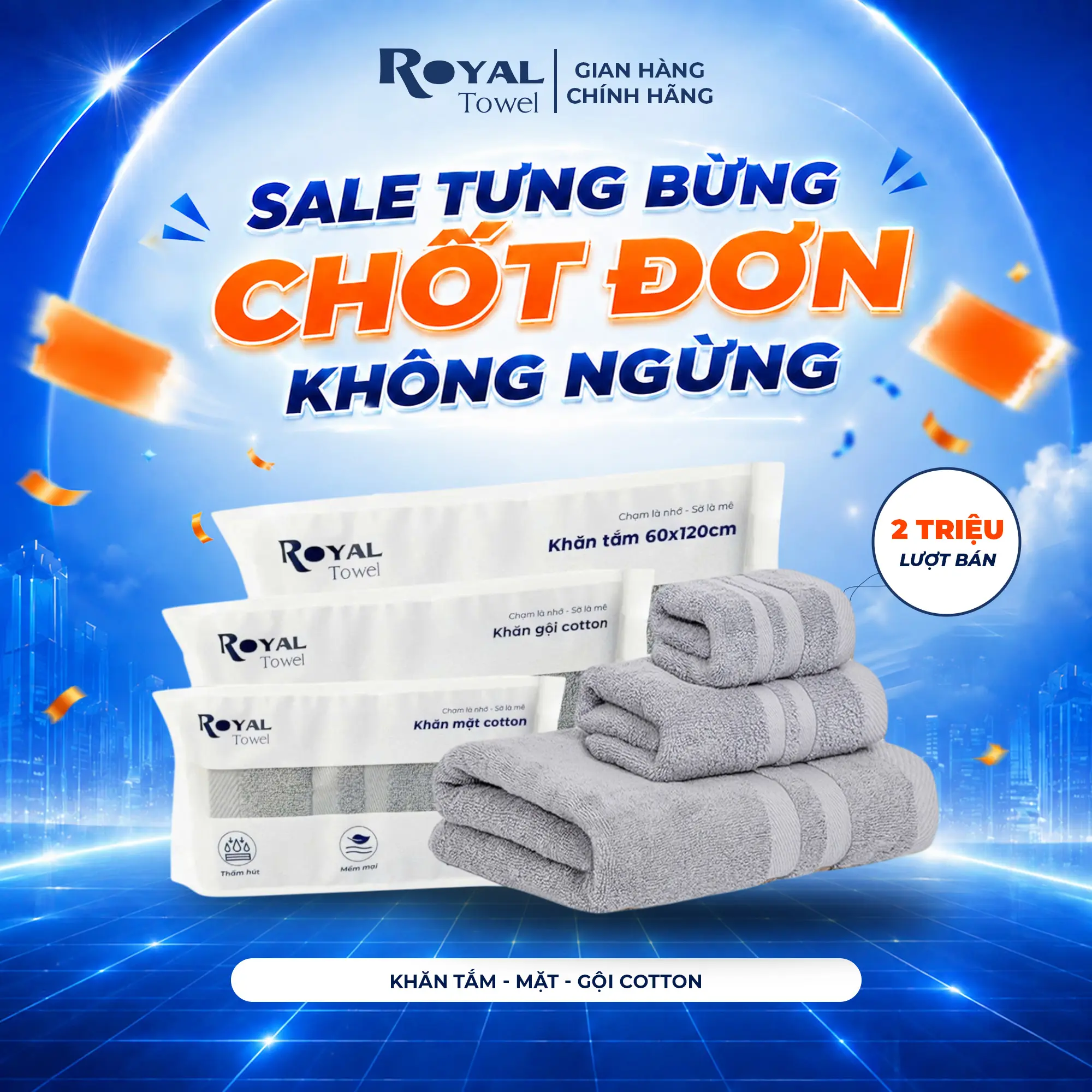 Khăn Tắm, Khăn Gội, Khăn Mặt Royal Towel Sợi Cotton Mềm Mịn, Thấm Hút Tốt, Không Xổ Lông, Không Phai Màu
