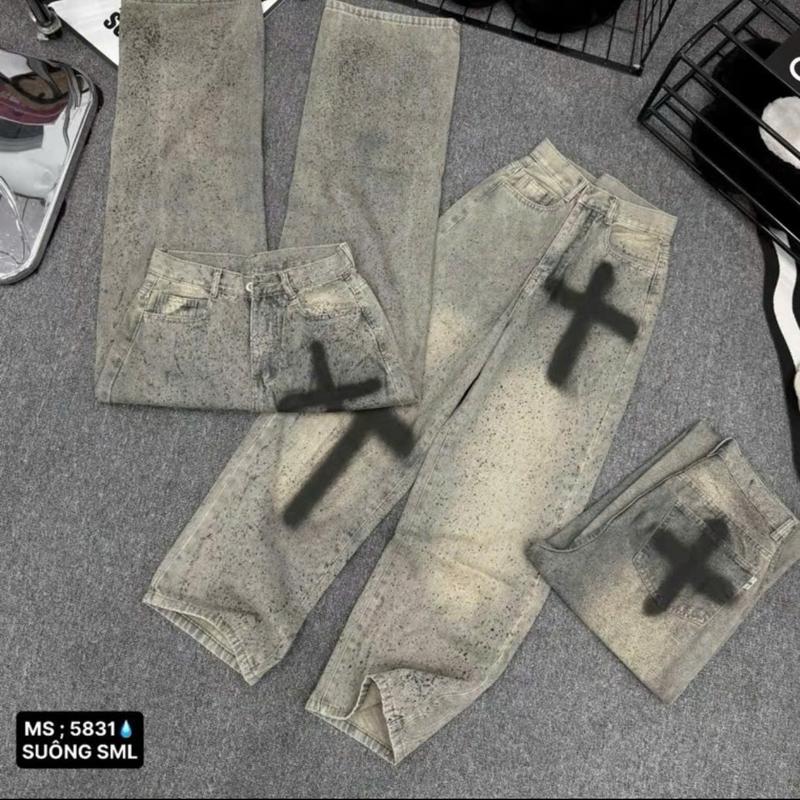   Dài 100cm  Quần Jean Nữ Ống Suôn Chữ Thập Vẩy Sơn 252 