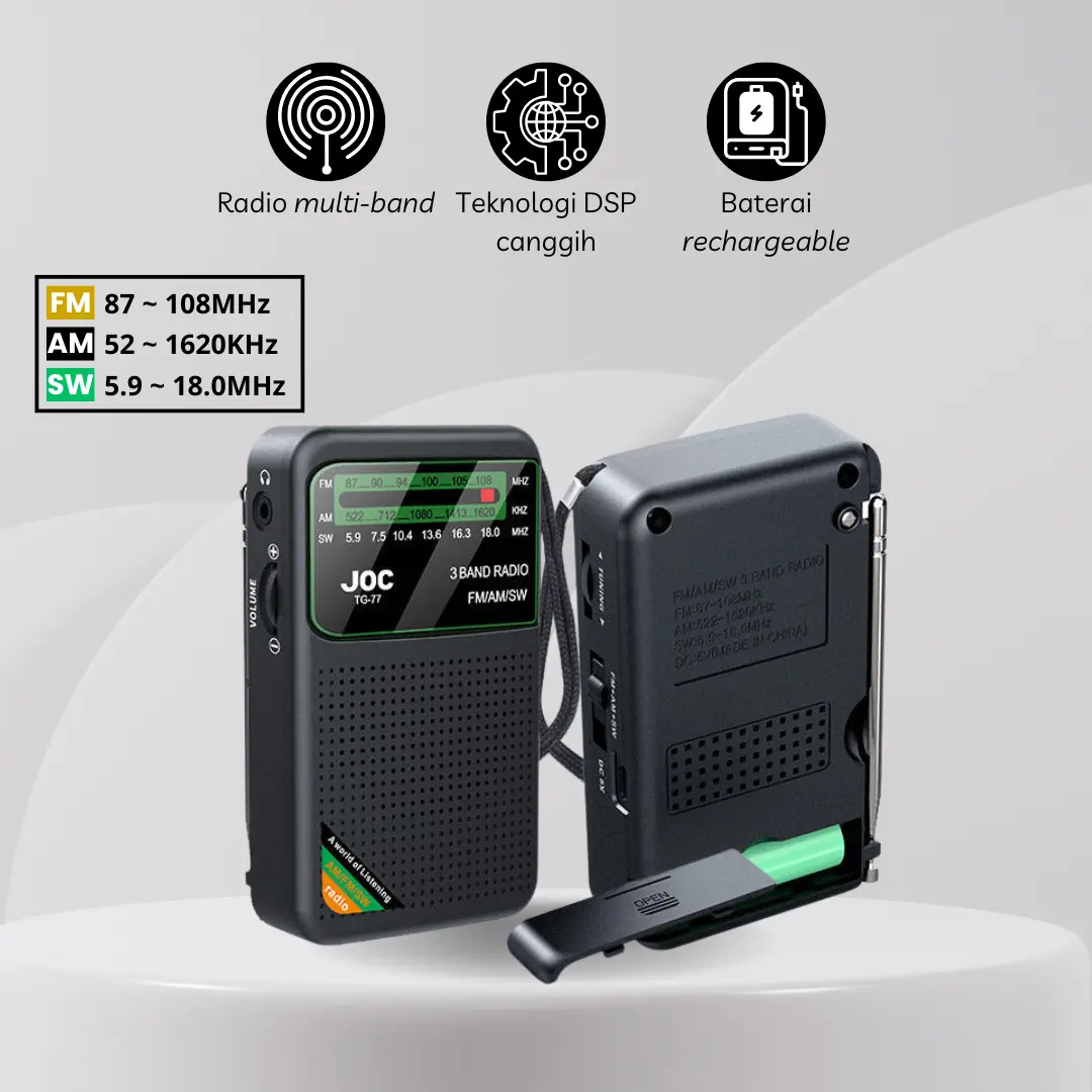 Radio Portable Mini Antena Teleskopik Sinyal FM AM SW Dengan Baterai Isi Ulang Multi-Band Teknologi DSP Canggih Baterai Rechargeable 500 mAh