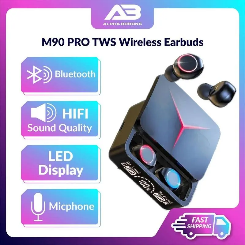 M90 PRO TWS Bluetooth Earphones Wireless Earbuds LED Display Touch Control Headset earphone in-ear 9D Bass HIFI Mic Audio Power
