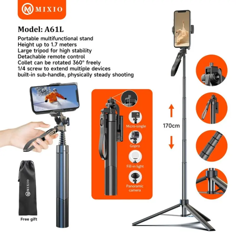 MIXIO A61L 170CM Tongsis Tripod Bluetooth Remote Selfie Stick Hand stabilizer Aluminium untuk Hp Kamera DSLR tongsis 4in1 0