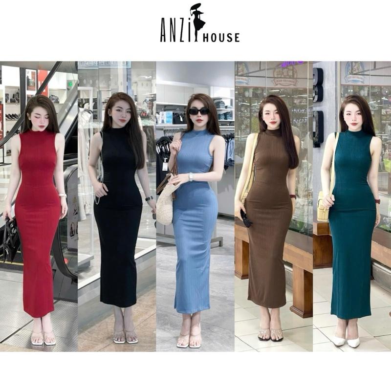 ANZi House Đầm Body Sát Nách Dáng Dài Tôn Dáng Cổ lọ 3p có xẻ tà và khoá kéo sau vải thun gân Quảng Châu co giãn mát mẽ Nữ Dress Women - Đỏ