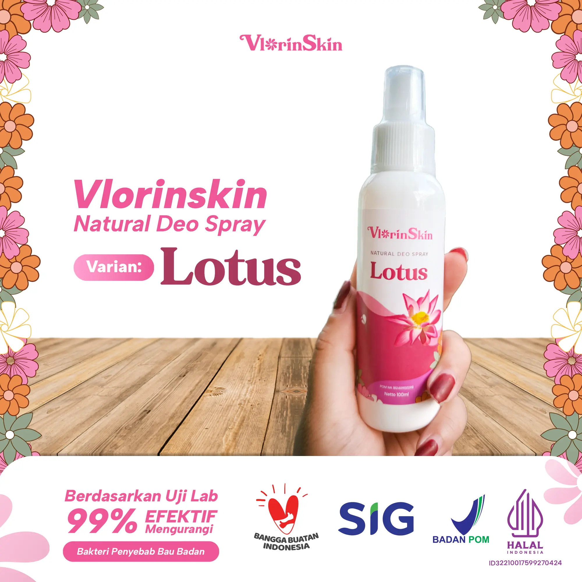 Vlorinskin Deodorant Spray Penghilang Bau Ketiak/Badan, Deo Spray Alami, Deodorant Spray Tawas 100mL