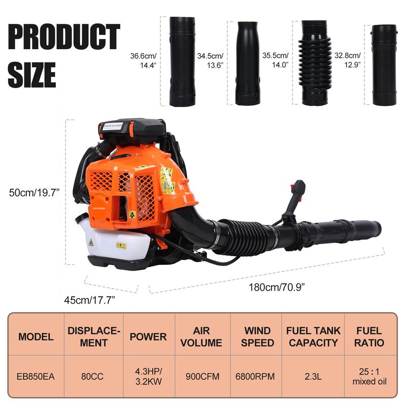 EB850EZ Gas Backpack Leaf Blower - 80cc, 900 CFM, 3.5KW High-Powered Engine, 92.2m/s Wind Speed, for Lawn & Yard Cleanup 1