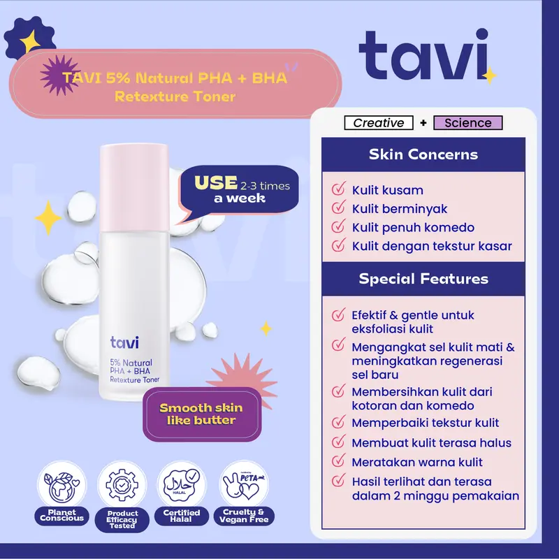 TAVI 5% Natural PHA + BHA Retexture Toner 100ml - Kulit Halus Glowing 3
