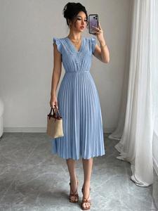 Vestido de verano elegante con encaje, cuello en V, mangas con vuelo, cintura entallada y pliegues, sin mangas, color sólido, vestido para vacaciones, vestido de verano moderno para mujer
