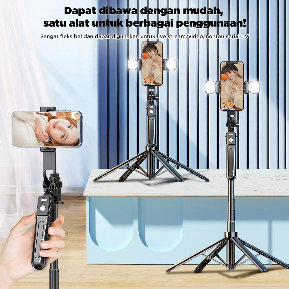 NEXID A17 4in1 Tongsis Tripod Bluetooth 1.8m dengan 4 Kaki Stainless Steel Fill Light & Remote Control 10M Cocok untuk Handphone Kamera S30