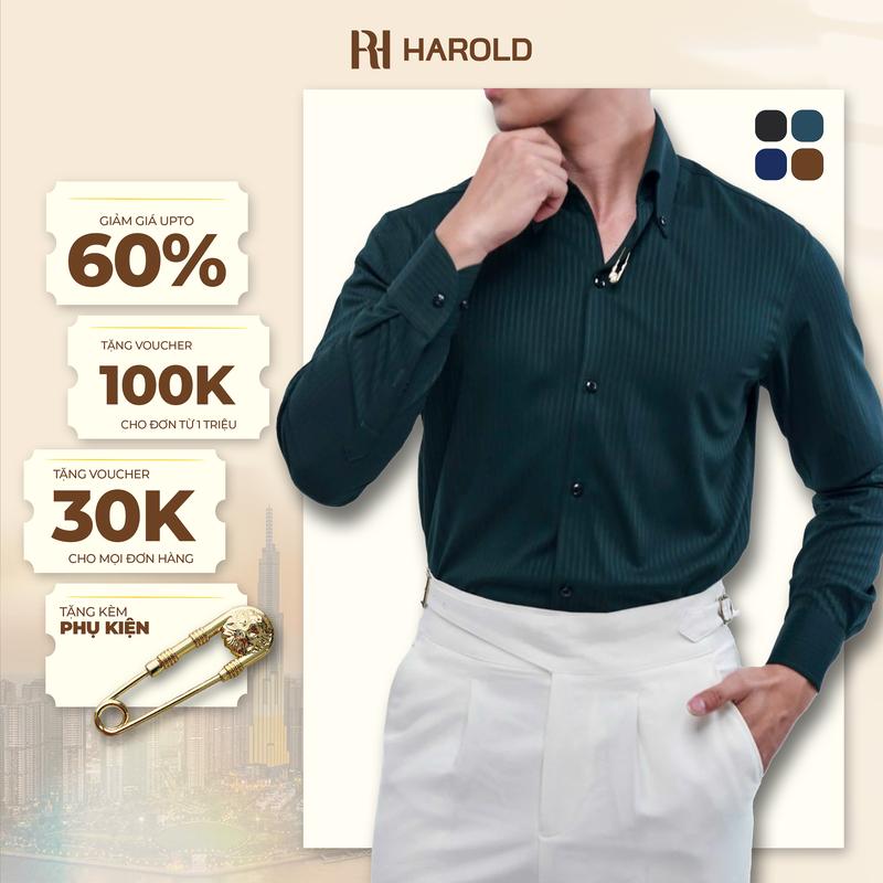 Áo Sơ Mi Nam Dài Tay Nam Cao Cấp Harold Button Down Sọc Tiger Pin Công Sở Thanh Lịch, Slimfit Tôn Dáng