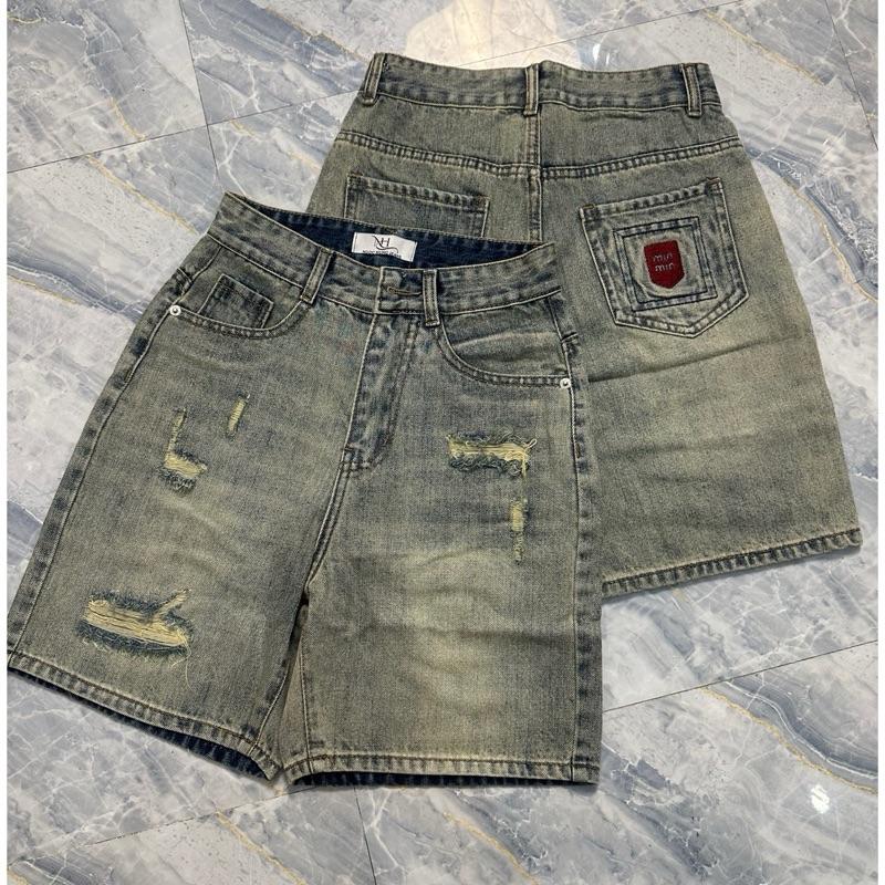   3544  Quần jeans ngố nữ cạp cao lưng thường không co giãn màu bụi thêu túi sau quần bò đùi nữ thời trang 