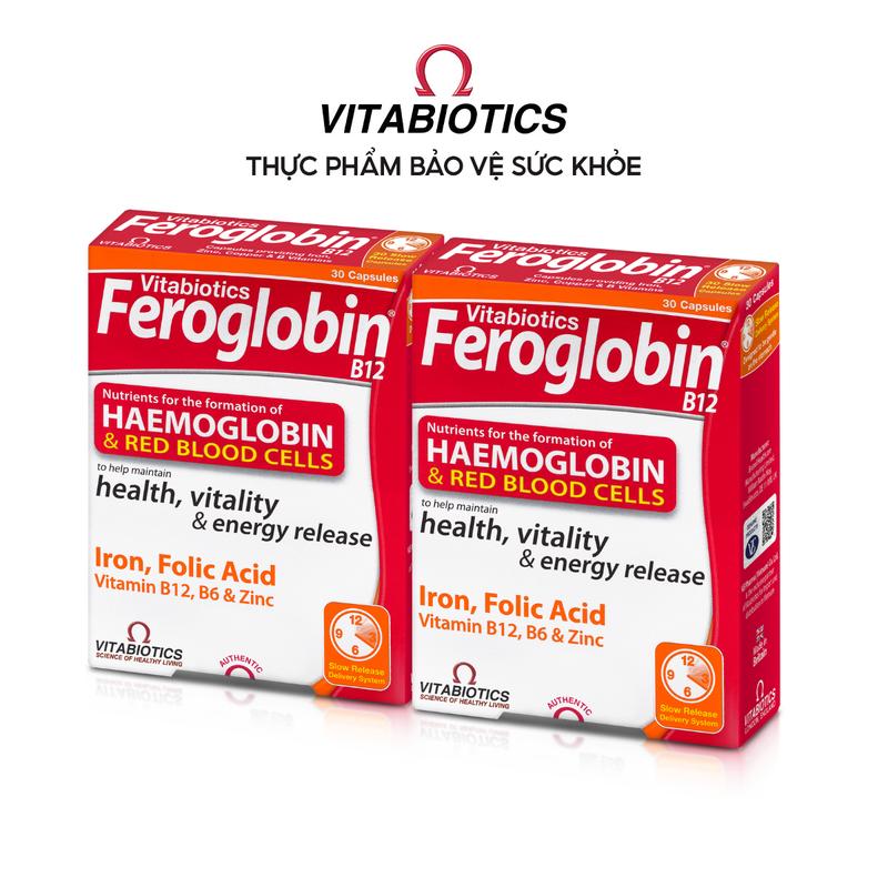 [Live] Combo 2 Hộp TPBVSK Vitabiotics FEROGLOBIN B12 Capsules bổ sung sắt, kẽm, axit folic, vitamin B6, vitamin B12, đồng, hỗ trợ tăng khả năng tạo máu, tăng cường sức khỏe, nâng cao sức đề kháng (30 viên)