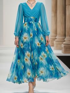 Vestido de Fiesta de Gasa para Mujer, Estampado Azul Primavera Verano, Cuello en V Grande, Manga Larga, Casual Ajustado, Estilo Tie Dye