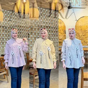 Alleeza Kemeja Blouse Wanita Top Atasan Kancing Lengan Panjang Kerah Layer Katun - Allura.id