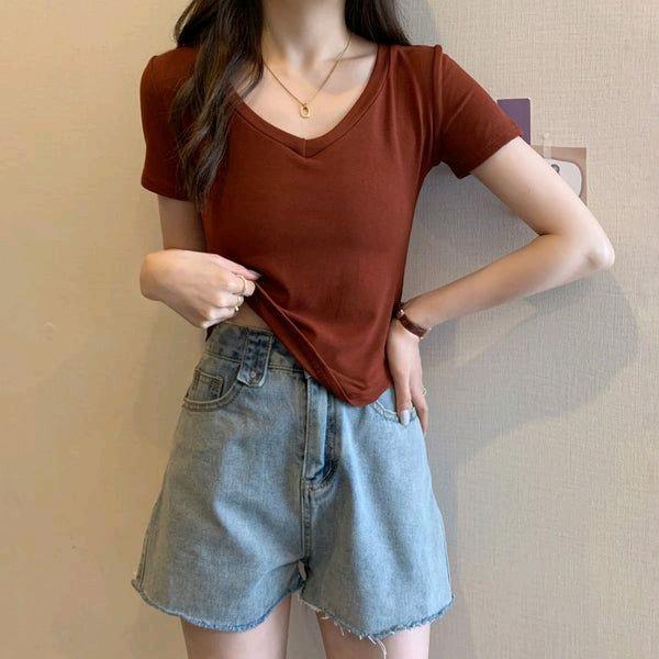 Atasan wanita V-Neck Lengan pendek kaos rip kaos rajut wanita 3