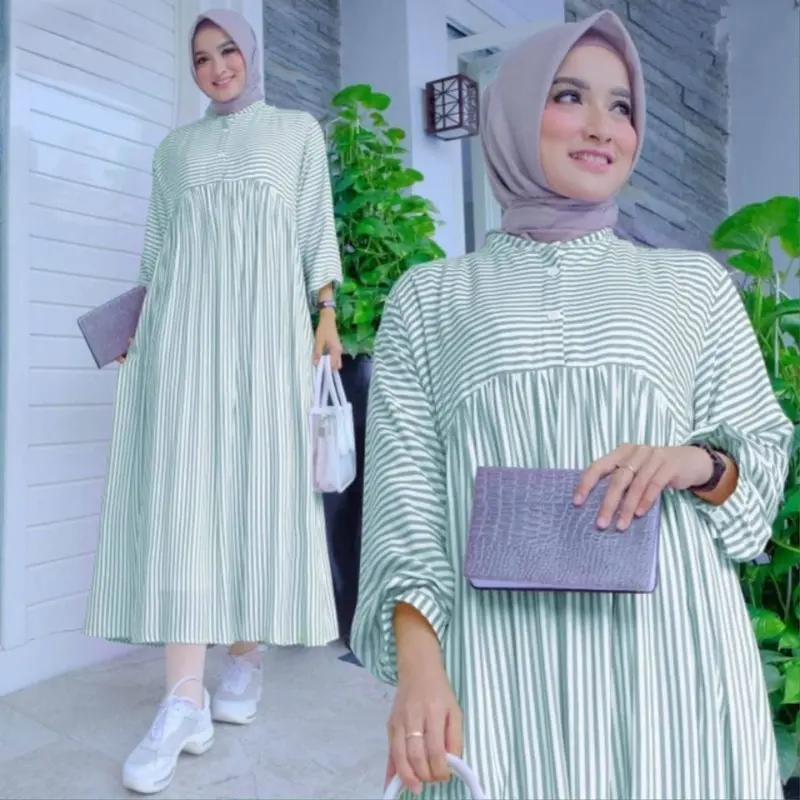 Midi Dress Wanita Muslim Motif Stripe Salur Bahan PolyRayon 2