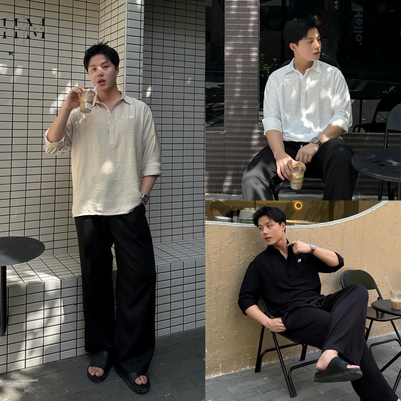 Áo sơ Mi Nam Nữ Unisex Cổ Đức Kết Hợp Cổ V Cách Điệu Thêu Logo Chất Liệu Đũi Mềm Thoáng Mát SIXHUMAN HMA035