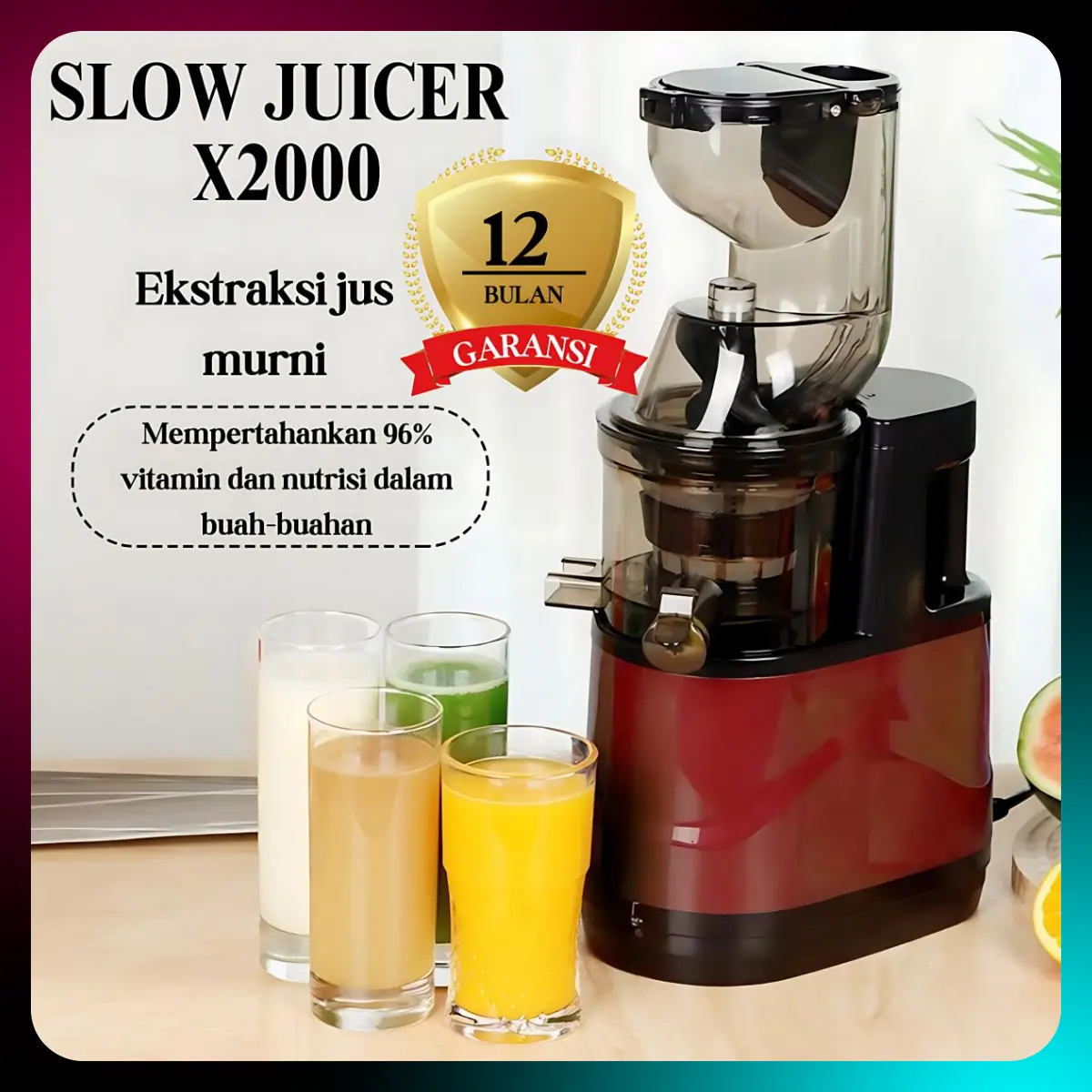 Slow juicer (garansi 12 bulan), pembuat jus kecepatan lambat, kecepatan rata-rata juicer adalah 45 putaran per menit, jus jadi mengandung 96% nutrisi, dapat membuat jus buah keras seperti kelapa, slow juicer X2000 Mesin blender miyako3in1