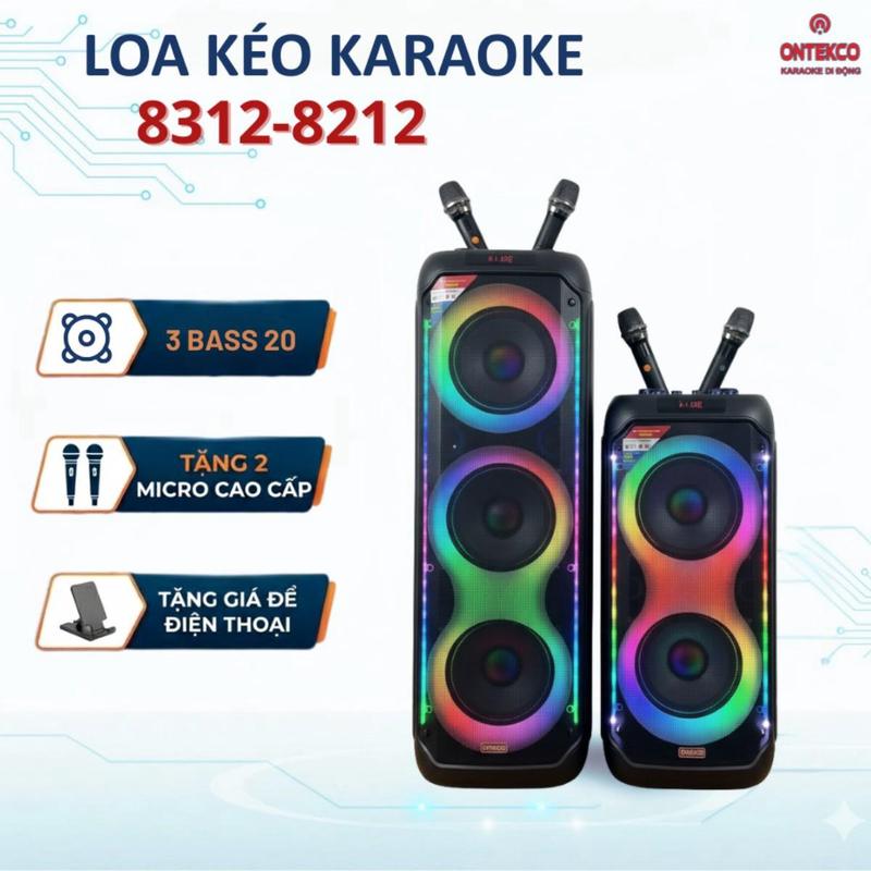 Loa Kéo Bass Kép ONTEKCO 8212|8312 Đèn Led Kèm 2 Micro Chống Hú Hát Karaoke Cực…