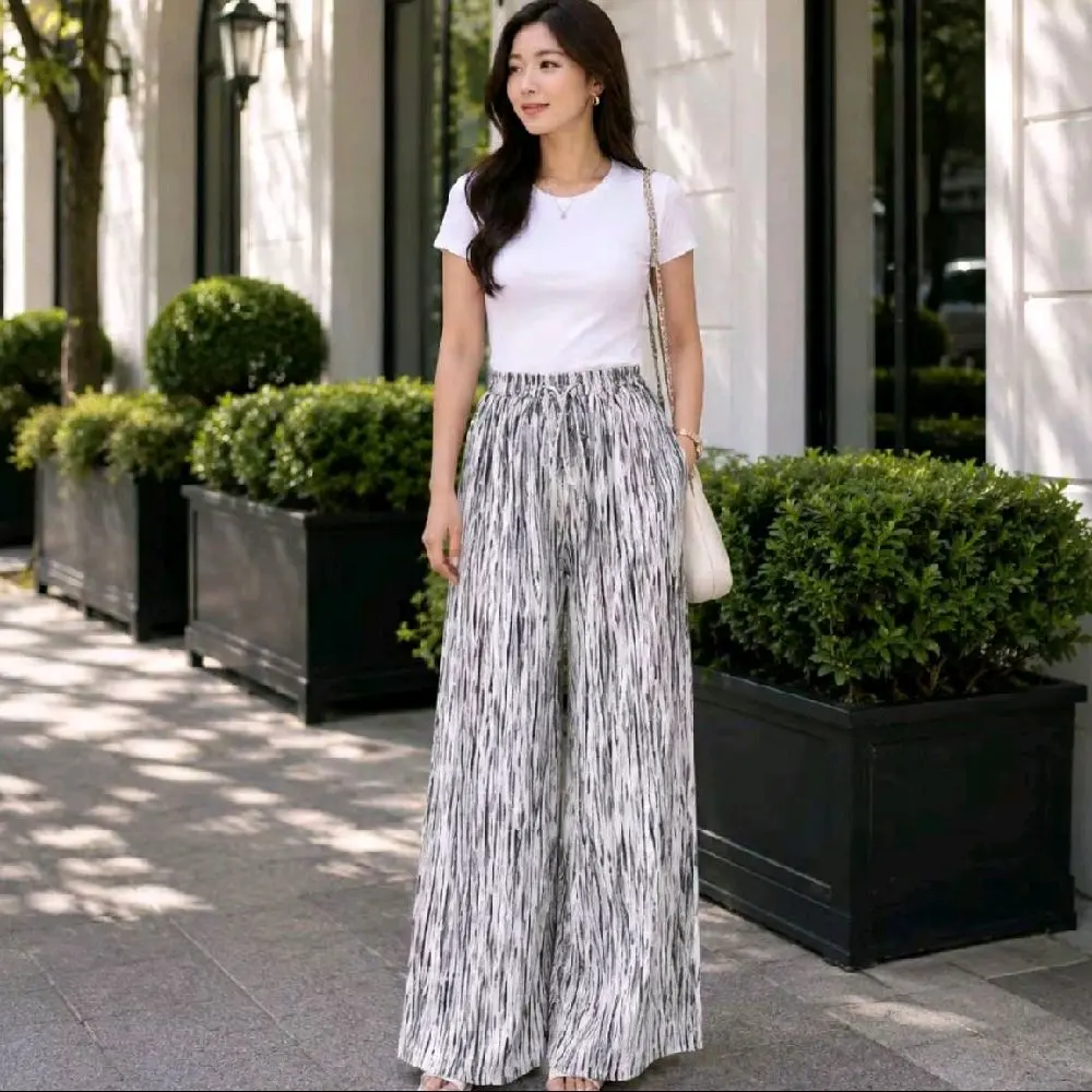 Everyday Pants - Motif Abstrak - Celana Panjang Wanita Baggy Kantor Kuliah - Kulot Pinstripe - Celana Formal Casual Wanita Loose Basic
