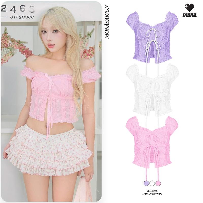Áo kiểu nữ MONÁ trễ vai cột nơ phối ren chất thô boi - LANA TOP