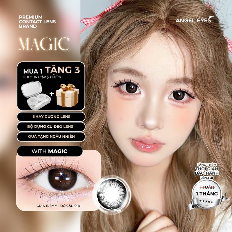 Lens giãn tròng màu đen tự nhiên có độ cận 0-6 Magic Black nhãn hiệu Angel Eyes, kính giãn tròng màu đen hiệu ứng giãn 14.5 giúp mắt to tròn baby (Có hỗ trợ cận lệch)