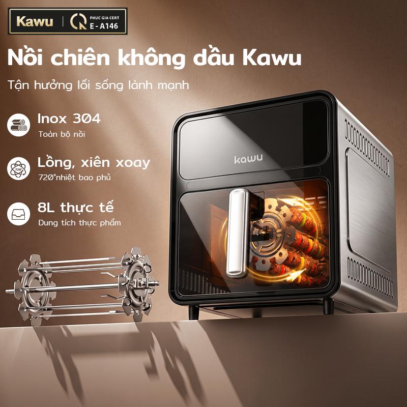Nồi chiên không dầu Kawu toàn bộ nồi inox 304 kèm lồng chiên xiên nướng xoay 8L dung tích thực phẩm gia nhiệt 720° giảm 90% chất béo nồi nướng đa năng có cửa sổ quan sát 45°
