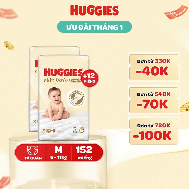 Combo 2 Tã Bỉm quần Huggies Skin Perfect Super Jumbo với 2 vùng thấm giảm kích ứng da Size M70+6 L60+6 XL52+6 XXL48+6