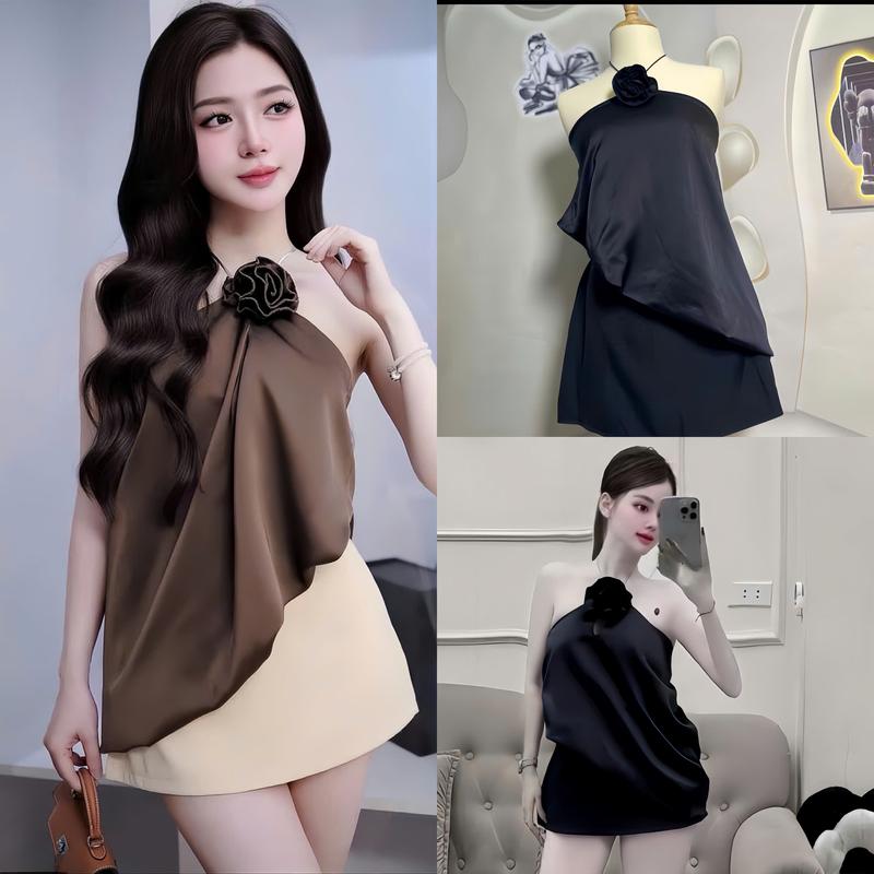 Set đồ nữ áo satin thiết kế cổ yếm đính bông lệch tà mix chân váy chữ A [Có Lót] sang chảnh dành cho các nàng diện đi chơi, đi tiệc.