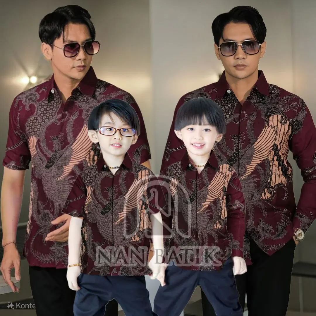 TERBARU BATIK LENGAN PANJANG DAN PENDEK KEMEJA PRIA DEWASA ANAK LAKI LAKI WARNA BURGUNDY MOTIF SOANG