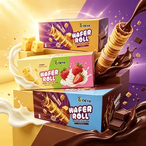 OEYA Wafer Roll rasa keju, stroberi, dan cokelat. Setiap bungkus 30 gram, isi 4 gulung. Bersertifikat halal, renyah dan lezat.