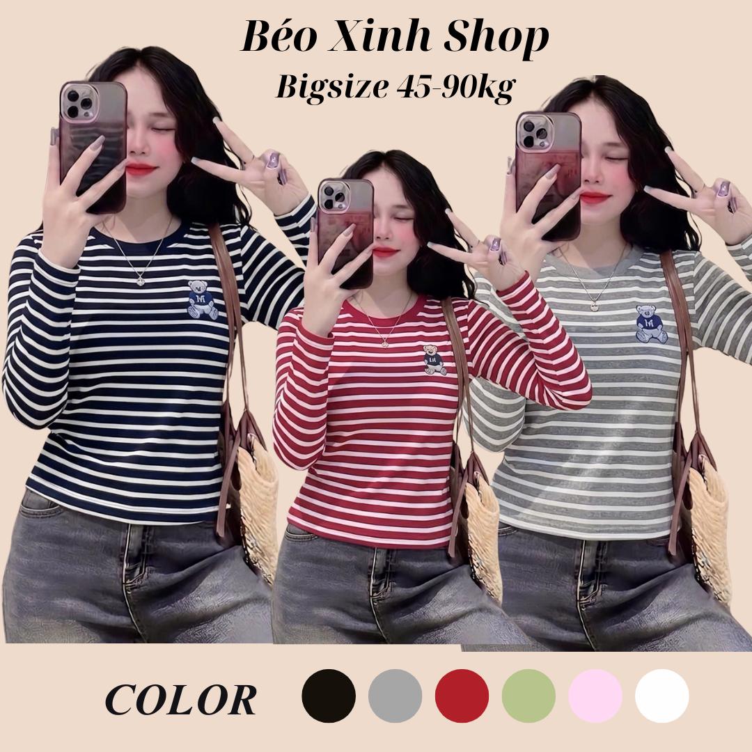 Bigsize Sài Gòn Áo Thun Nữ Tay Dài Thêu Gấu Basic Vải Borit Sọc Cao Cấp Thanh Lịch Bigsize 45–90kg Dễ Thương Nữ Women Top Nhung - B.1699