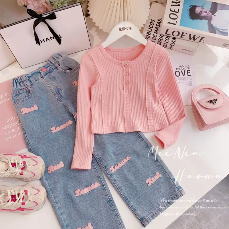 SSP32, 6-12Tahun Setelan One Set Anak Korea Pink Kancing Celana Jeans Bordir 0