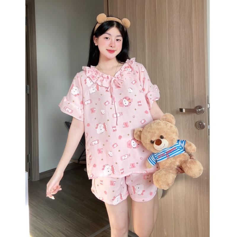 XẢ KHO NGHỈ BÁN Kozoda Đồ Ngủ Đũi Vân Mây BN42a Họa Tiết Hoạt Hình Cute Dễ Thương Size S & M Thoải Mái Đồ Bộ Nữ Mặc Ở Nhà Đi Chơi Chất Liệu Mềm Mại