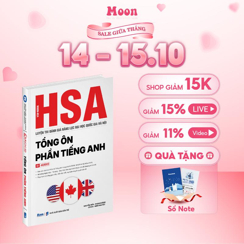 HSA 2025 - Tổng ôn phần tiếng anh, sách ôn thi đánh giá năng lực Hà Nội Moonbook