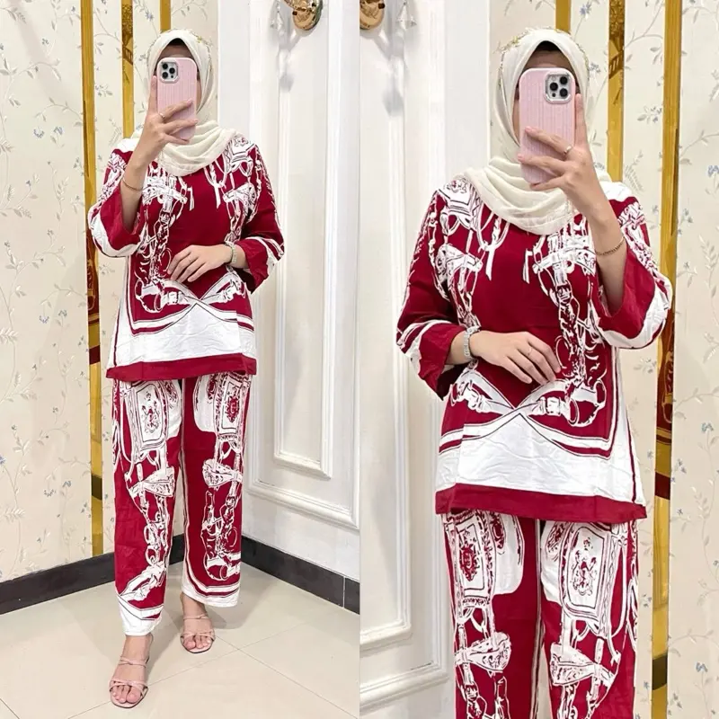 One set wanita kekinian salur kekinian layla rayon premium/Batik fashion/ dewasa Celana Panjang Setelan Wanita Formal Motif Nyaman 3