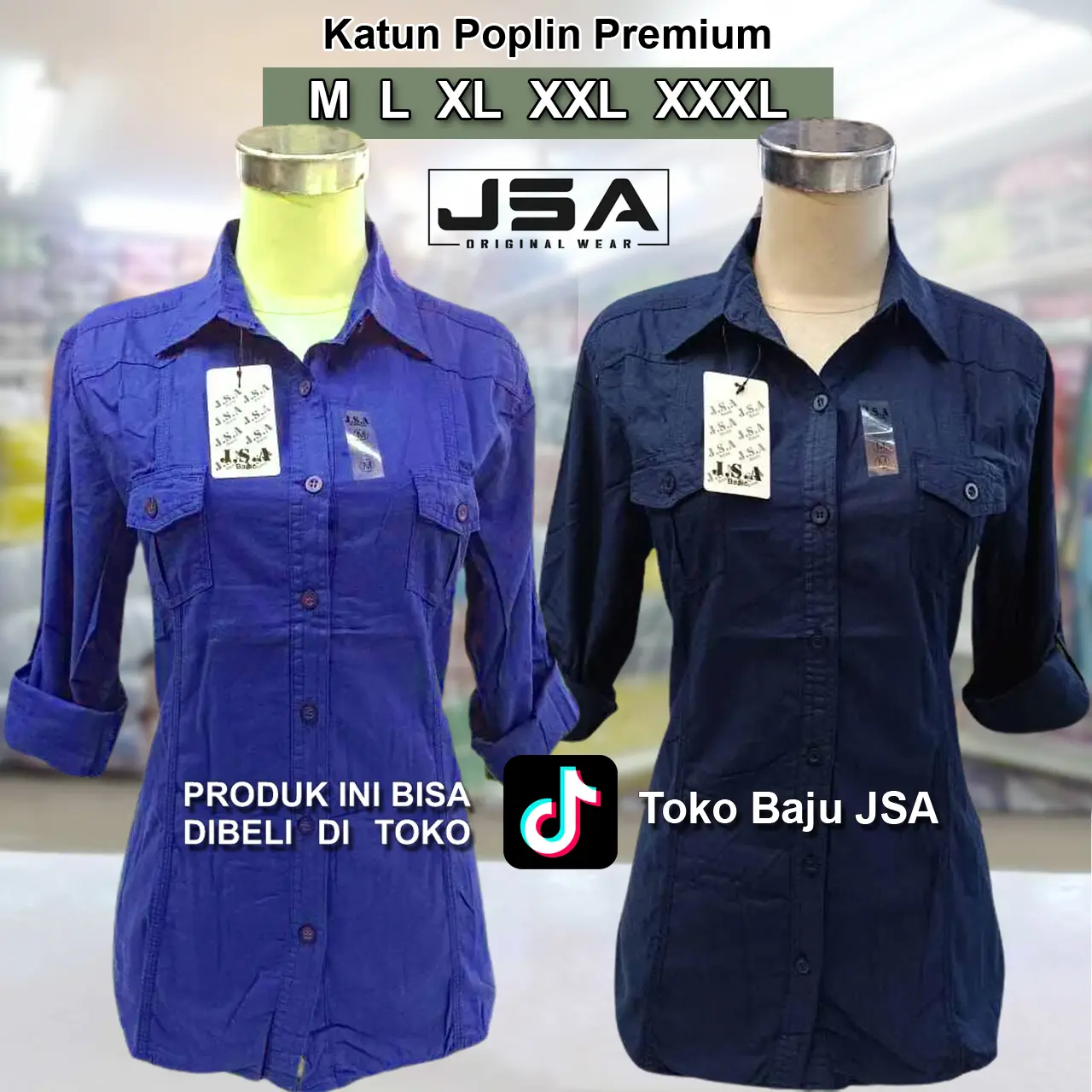 Baju Kemeja Wanita Polos Lengan Panjang Katun Poplin JSA - Variasi Kantong Warna Biru Navi Casual