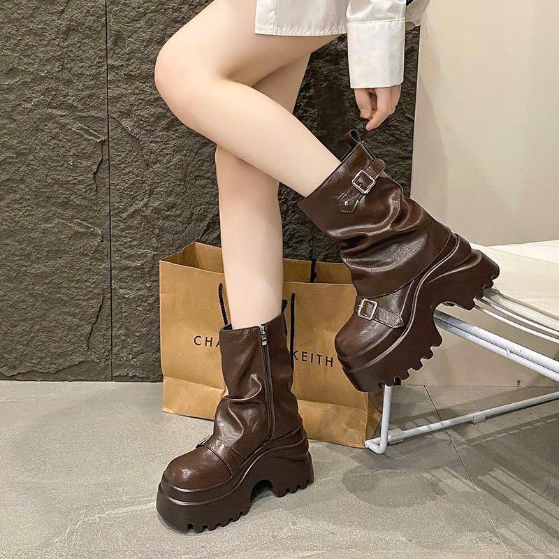 Giày bốt nữ cao cổ khóa cạnh đế cao 10cm da PU đính khuy phong cách cá tính 3 màu phối đồ chất