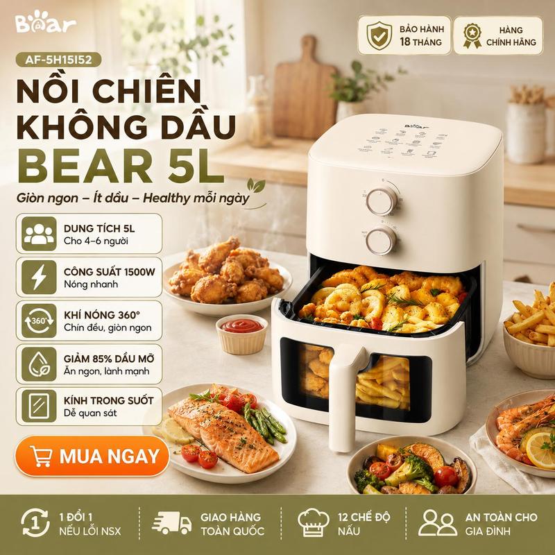 [KOL/KOC] Nồi chiên không dầu BEAR 5L AF-5H15I52 Tiếng Việt Chiên Nướng Hơi Nước, Chiên Nướng Không Dầu BH 18 tháng