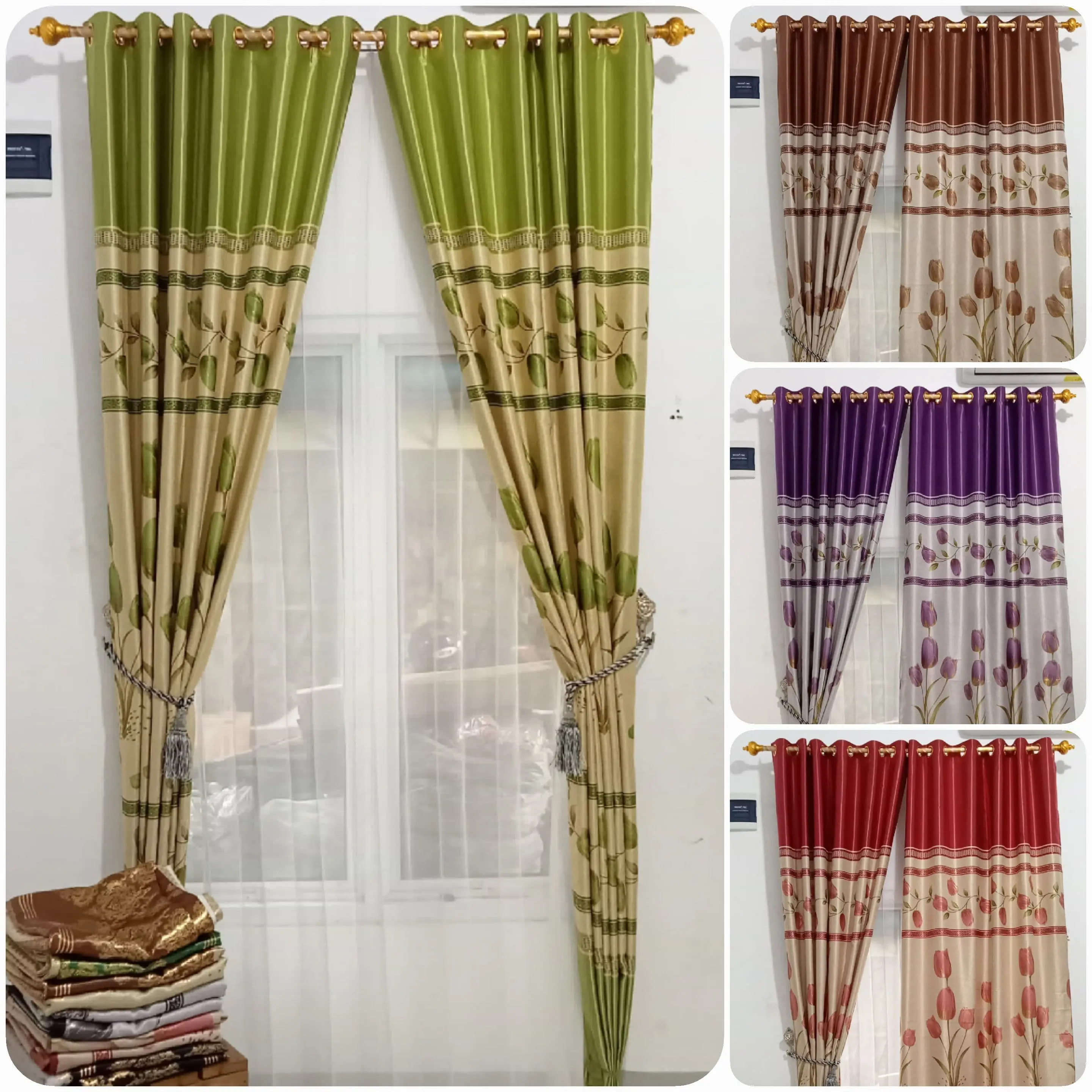 Gorden Bludru Print Emas Motif Bunga Hordeng Tali ( Rose & Tama ) Curtain Glossy