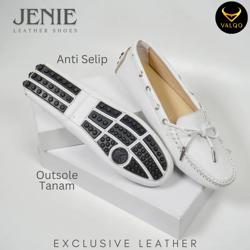VALQO JENIE Sepatu Kulit Sapi Putih Wanita Kantor Santai Loafer Flat Shoes Sole Anti Selip Tanpa Hak Round Toe 2