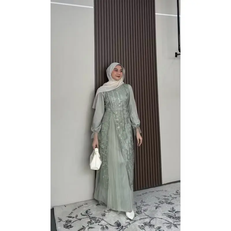 NEW Dress Burgundy Viral Lebaran 2025 Gamis Pesta Velvet Mix Brukat Baju Gamis Pesta Muslimah Mewah