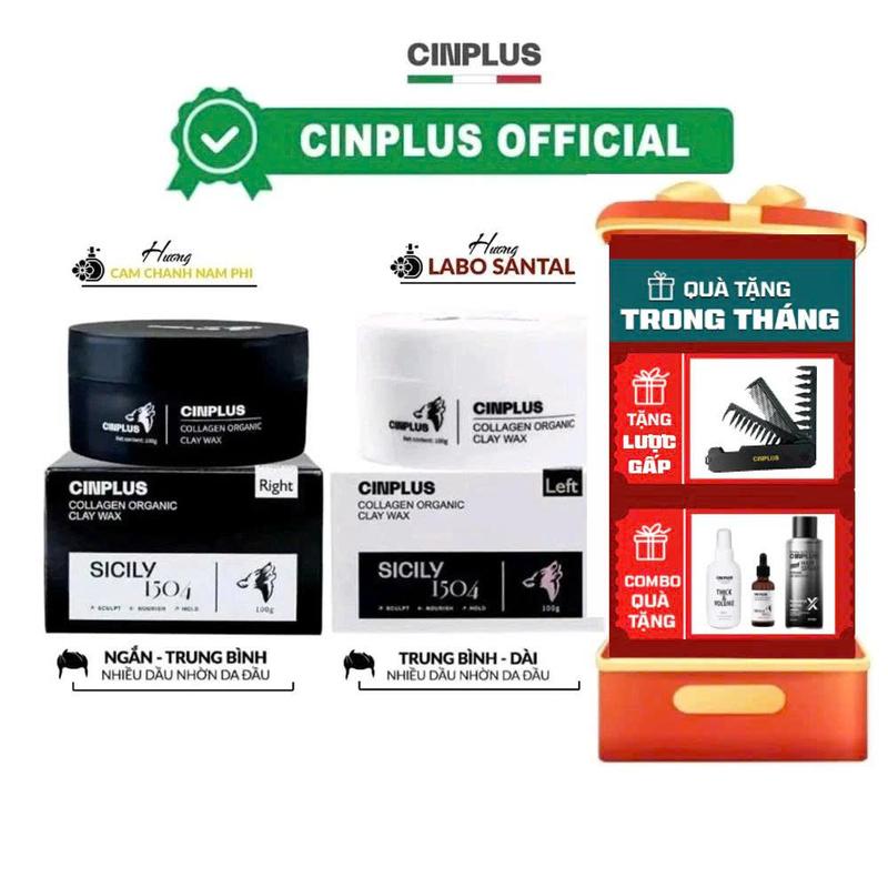 Sáp vuốt tóc nam CINPLUS CLAY WAX 100gr Left Trắng Right Đen SICILY 1504 chính hãng Cin Plus + Tặng lược tạo kiểu tóc lược gấp 3 răng Limited