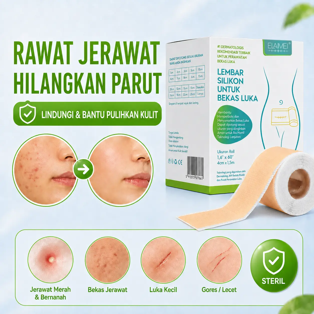Hydrocolloid untuk Jerawat, Bekas Jerawat & Noda Hitam, Ukuran & Bentuk DIY, 1m, Patch Jerawat Roll Hidrokoloid untuk Parut, Scar & Dark Spot