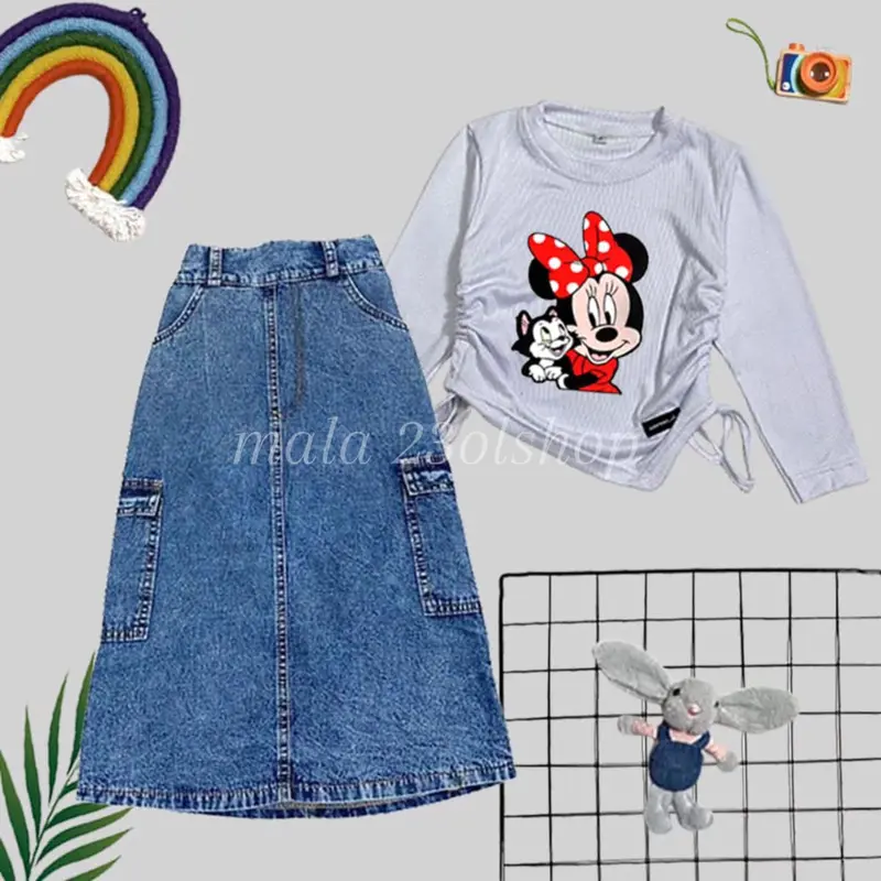 SETELAN ANAK PEREMPUAN / ROK JEANS KARGO & KAOS KNIT SABLON 6