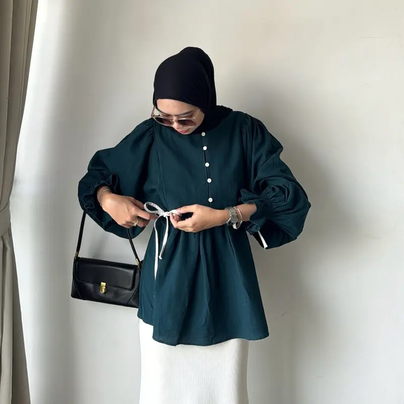 ASILA - RIBBON BABYDOLL BLOUSE by Leody || Atasan Wanita Kemeja Kancing Linen Pita9 3